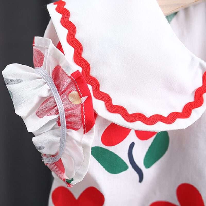 Girls Small Flower Cotton dress With Bow Bamboo Basket Bag - Image 6