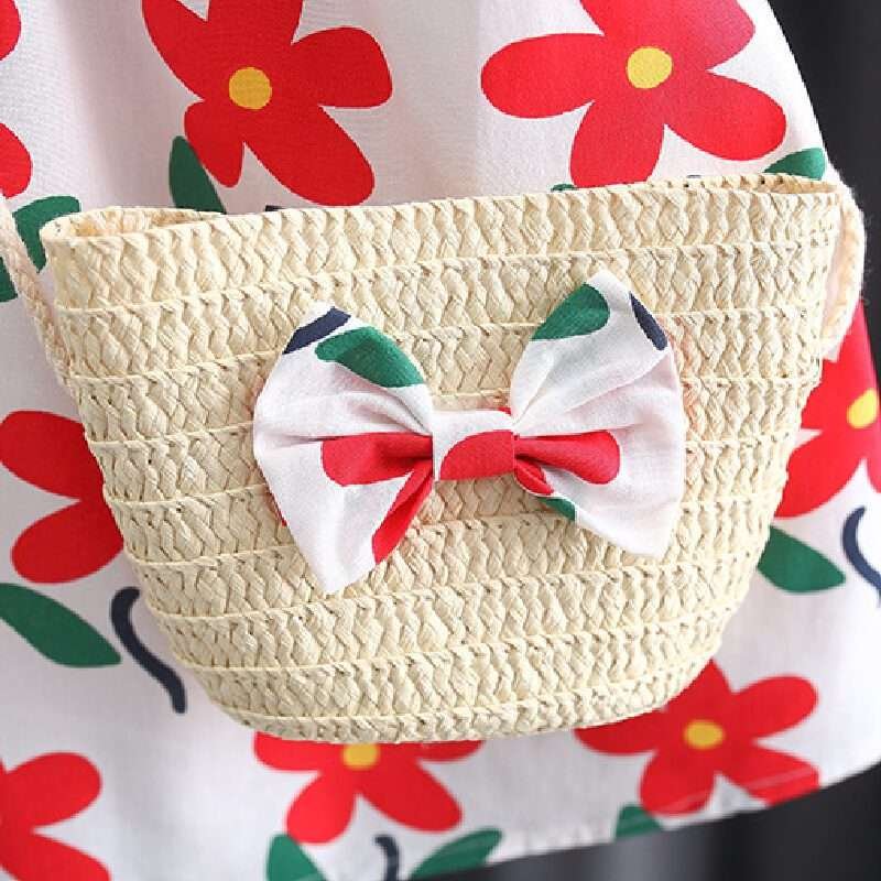 Girls Small Flower Cotton dress With Bow Bamboo Basket Bag - Image 5