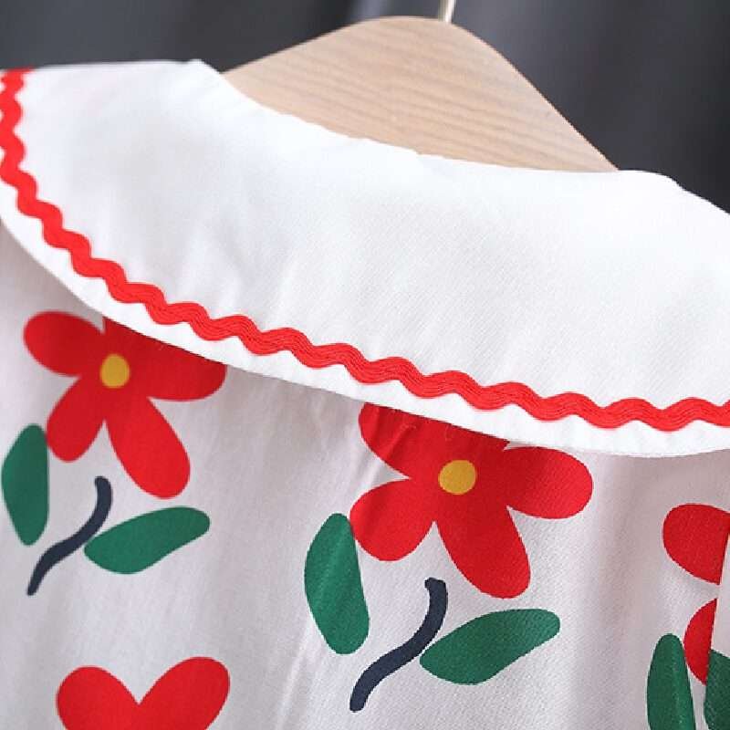 Girls Small Flower Cotton dress With Bow Bamboo Basket Bag - Image 3
