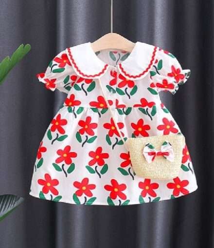Girls Small Flower Cotton dress With Bow Bamboo Basket Bag