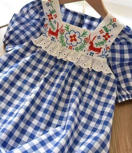 Girls Blue Plaid Embroidery Bubble Short-Sleeved Dress