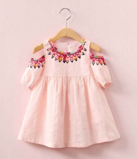 Girls Round Neck Off Shoulder Short Sleeve Cotton Dress