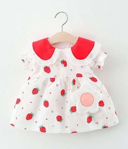 Girls Lace Collar Small Strawberry Dress With Cute Fower Bag