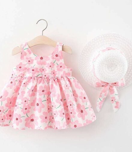 Girls Peach Blossom Bow Straw Cotton Dress With Cute Hat
