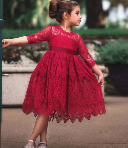 Girls Lace Princess Round Neck Bow Tie Dress