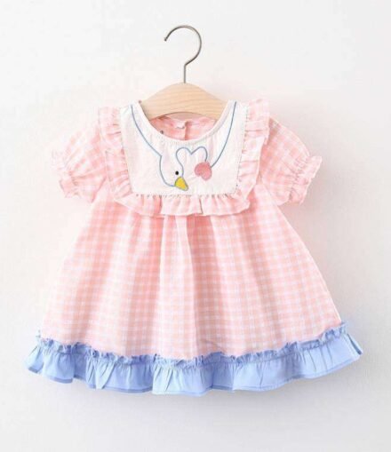 Girls Swan Pattern Plaid Short Sleeved Summer Dress