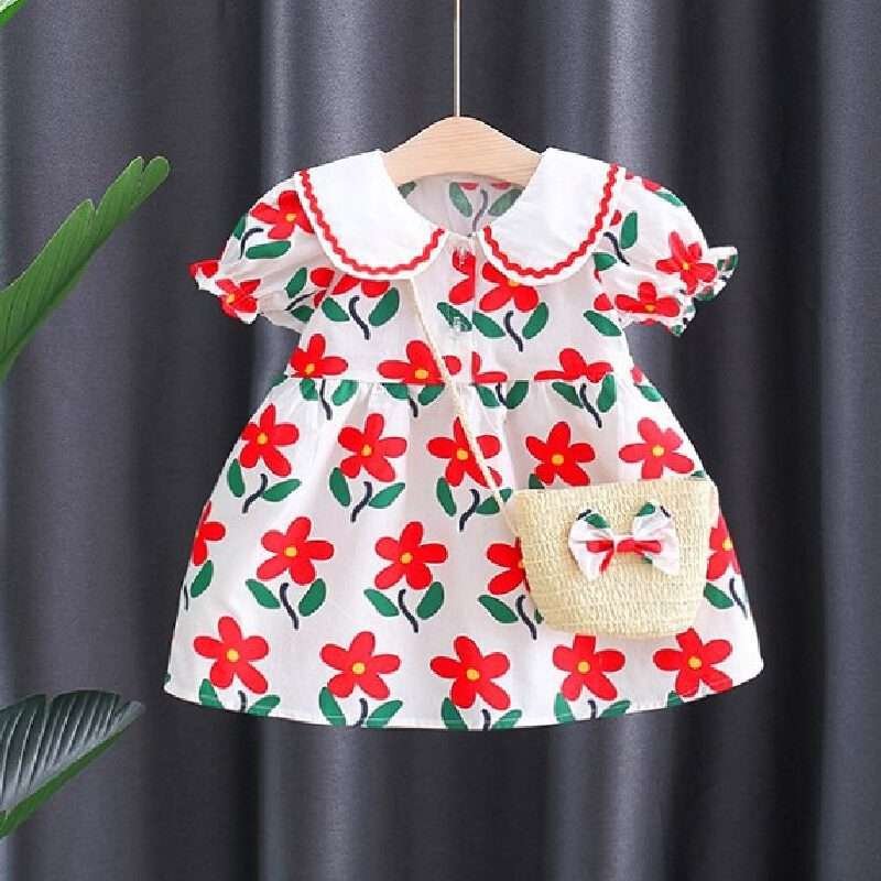 Girls Small Flower Cotton dress With Bow Bamboo Basket Bag