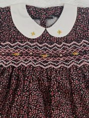 Girls Black and Pink Floral Smocked Dress collar