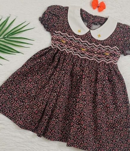 Girls Black and Pink Floral Smocked Dress