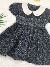 Girls Blue Smocked Dress with Puff Sleeve front