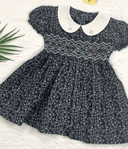 Girls Blue Smocked Dress with Puff Sleeve