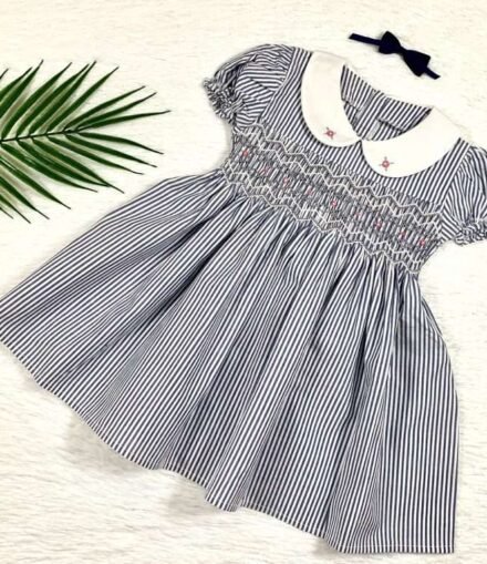 Girls Blue Striped Smocked Dress