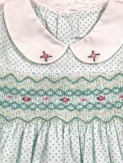 Girls Green Polka Dot Smocked Dress collar
