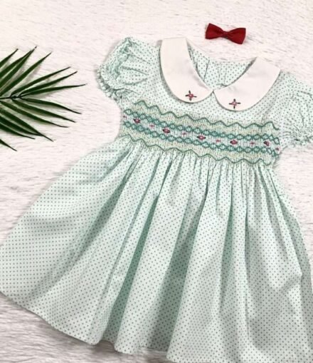 Girls Green Polka Dot Smocked Dress