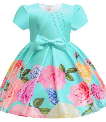Toddler Girls Floral Print Puff Sleeve Fold Pleated Bow Party Dress Green