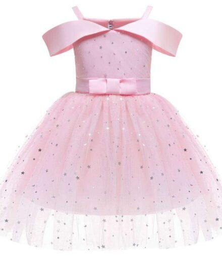 Toddler Girls Cold Shoulder, Bow Back, Start Print Pink Mesh Dress