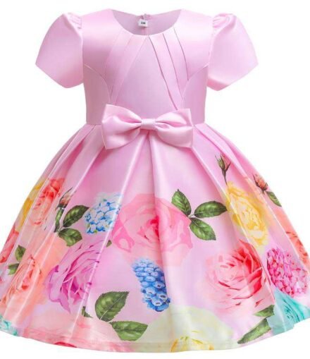 Toddler Girls Floral Print Puff Sleeve Fold Pleated Bow Party Dress Pink