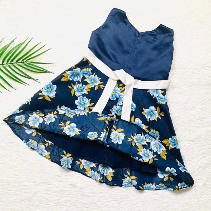 Girls Satin Navy Blue and White Floral Dress with Lining - Image 4