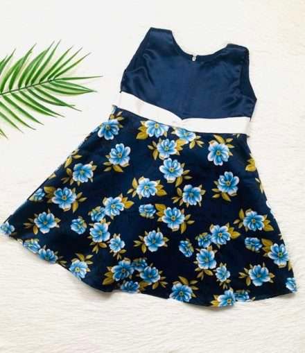 Girls Satin Navy Blue and White Floral Dress with Lining