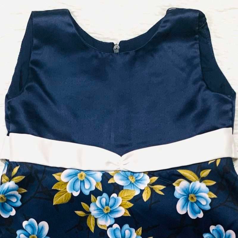 Girls Satin Navy Blue and White Floral Dress with Lining - Image 3