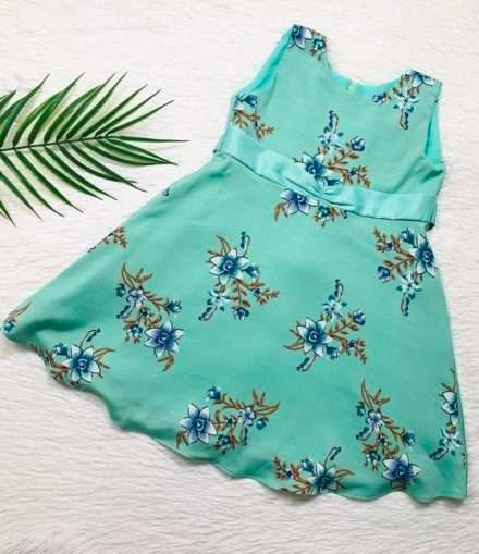 Girls Viscose Crepe Green Floral Dress with Lining