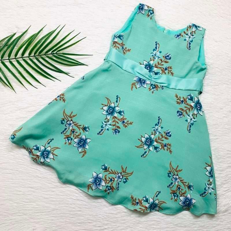 Girls Viscose Crepe Green Floral Dress with Lining