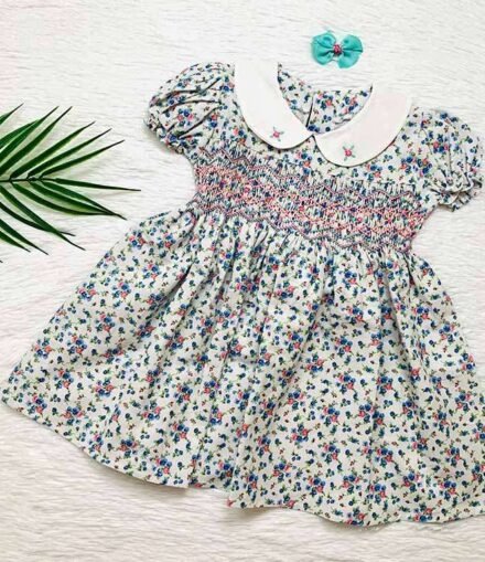 Girls Blue, Green and Pink Floral Smocked Dress