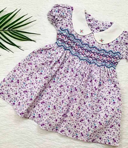 Girls Purple, Blue and Pink Floral Smocked Dress