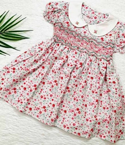 Girls Red Floral Smocked Dress