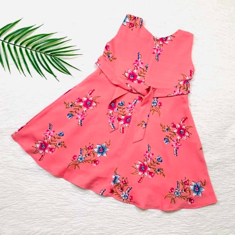 Girls Viscose Crepe Pink Floral Dress with Lining - Image 3