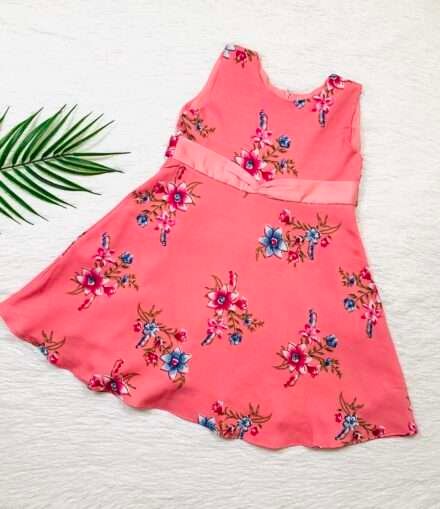 Girls Viscose Crepe Pink Floral Dress with Lining