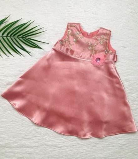 High Waist Satin Dress with Embroidered Floral Design