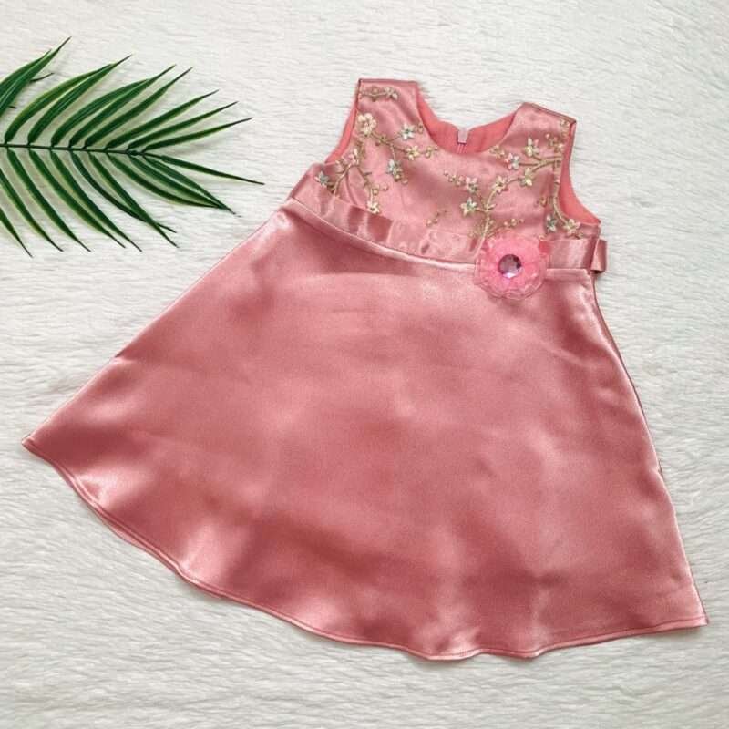 High Waist Satin Dress with Embroidered Floral Design