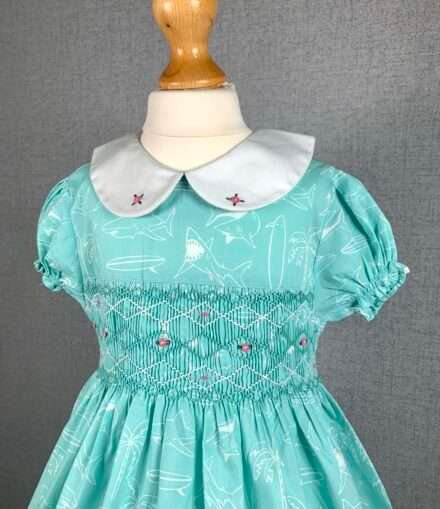Girls Pastel Green Smocked Dress With Shark Print