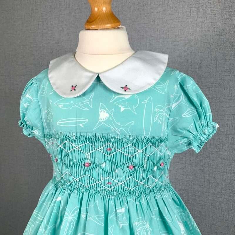 Girls Pastel Green Smocked Dress With Shark Print