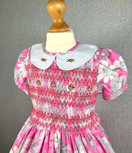 Girls Pink Floral Smocked Dress With Lining