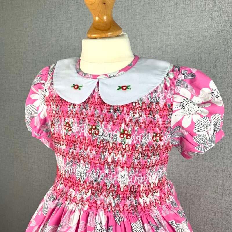 Girls Pink Floral Smocked Dress With Lining