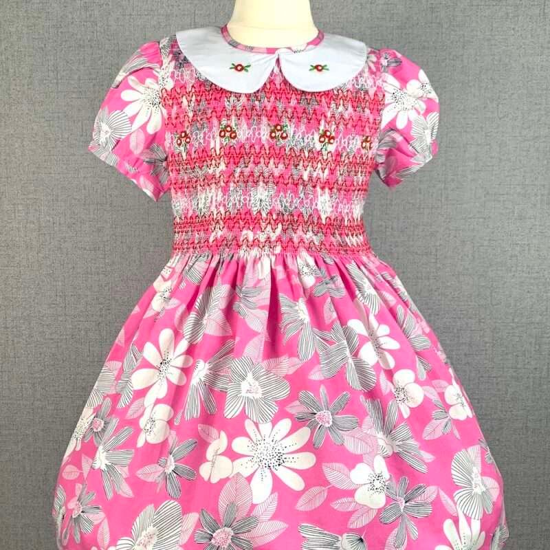 Girls Pink Floral Smocked Dress With Lining - Image 2
