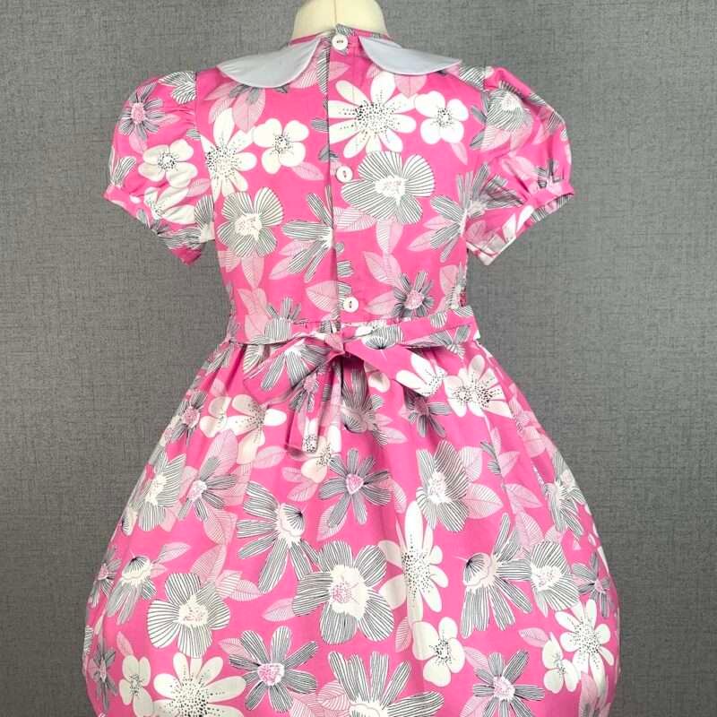 Girls Pink Floral Smocked Dress With Lining - Image 3