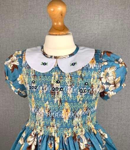 Girls Blue Floral Smocked Dress With Lining