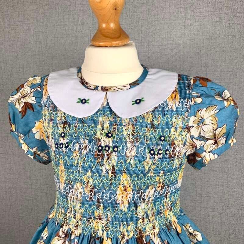 Girls Blue Floral Smocked Dress With Lining