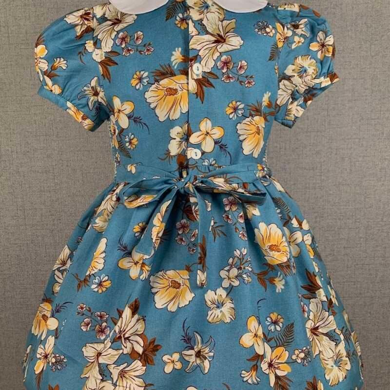 Girls Blue Floral Smocked Dress With Lining - Image 3