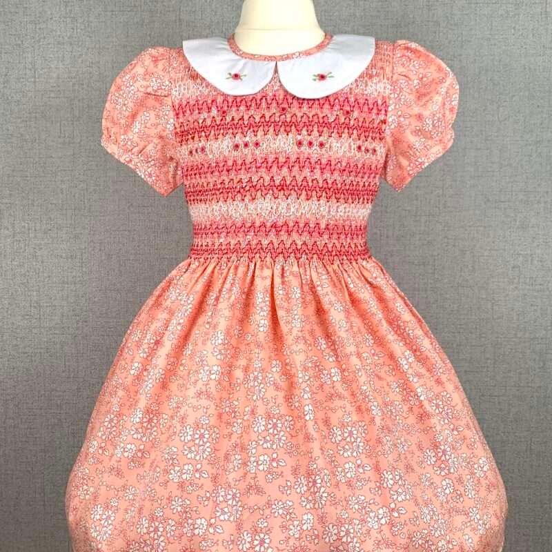Girls Peach Floral Smocked Dress With Lining - Image 2