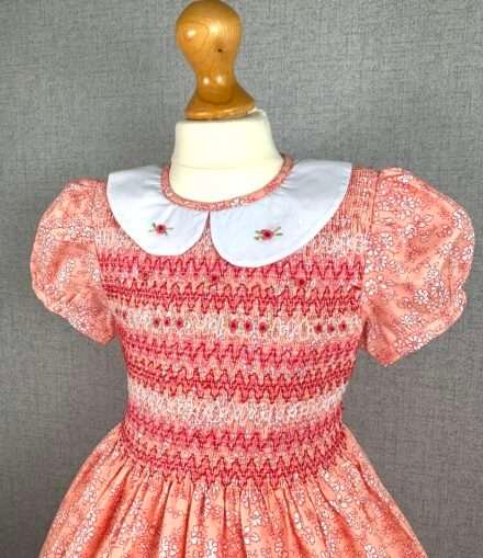 Girls Peach Floral Smocked Dress With Lining