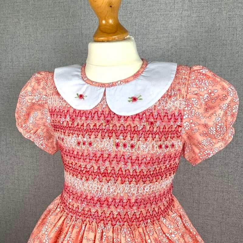 Girls Peach Floral Smocked Dress With Lining