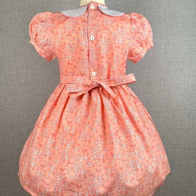 Girls Peach Floral Smocked Dress With Lining - Image 3