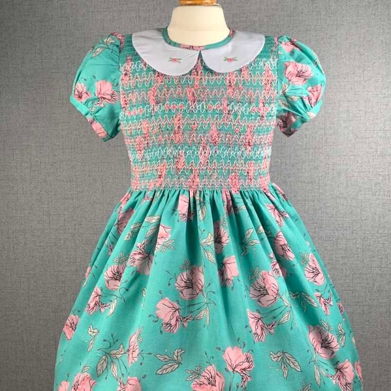 Girls Green Floral Smocked Dress With Lining - Image 2