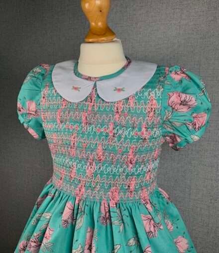 Girls Green Floral Smocked Dress With Lining