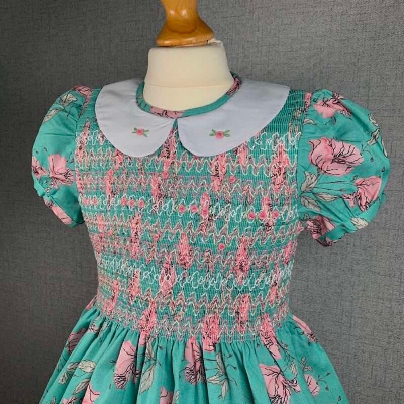 Girls Green Floral Smocked Dress With Lining
