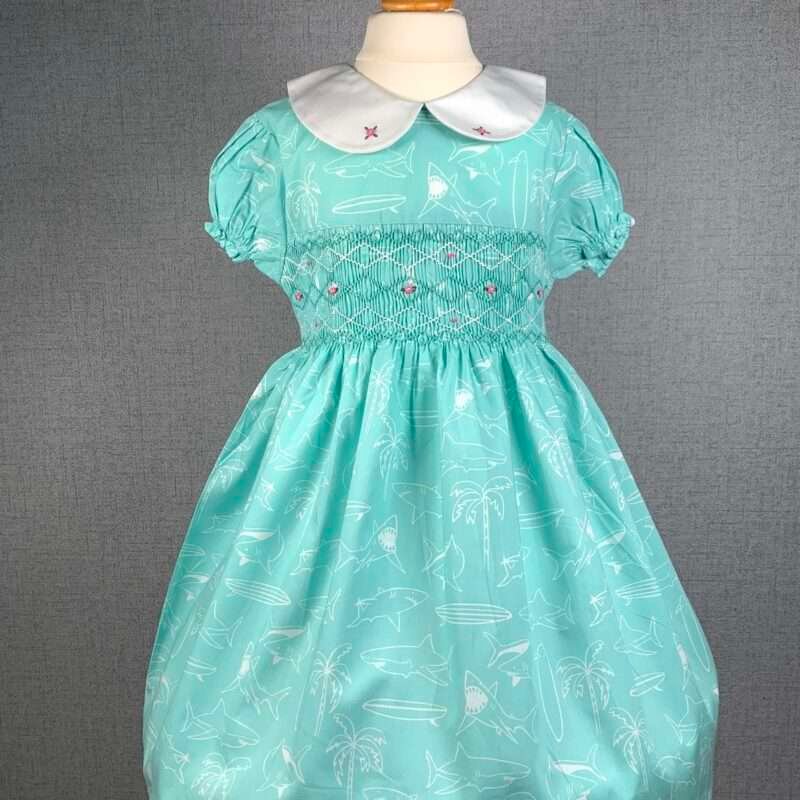 Girls Pastel Green Smocked Dress With Shark Print - Image 2